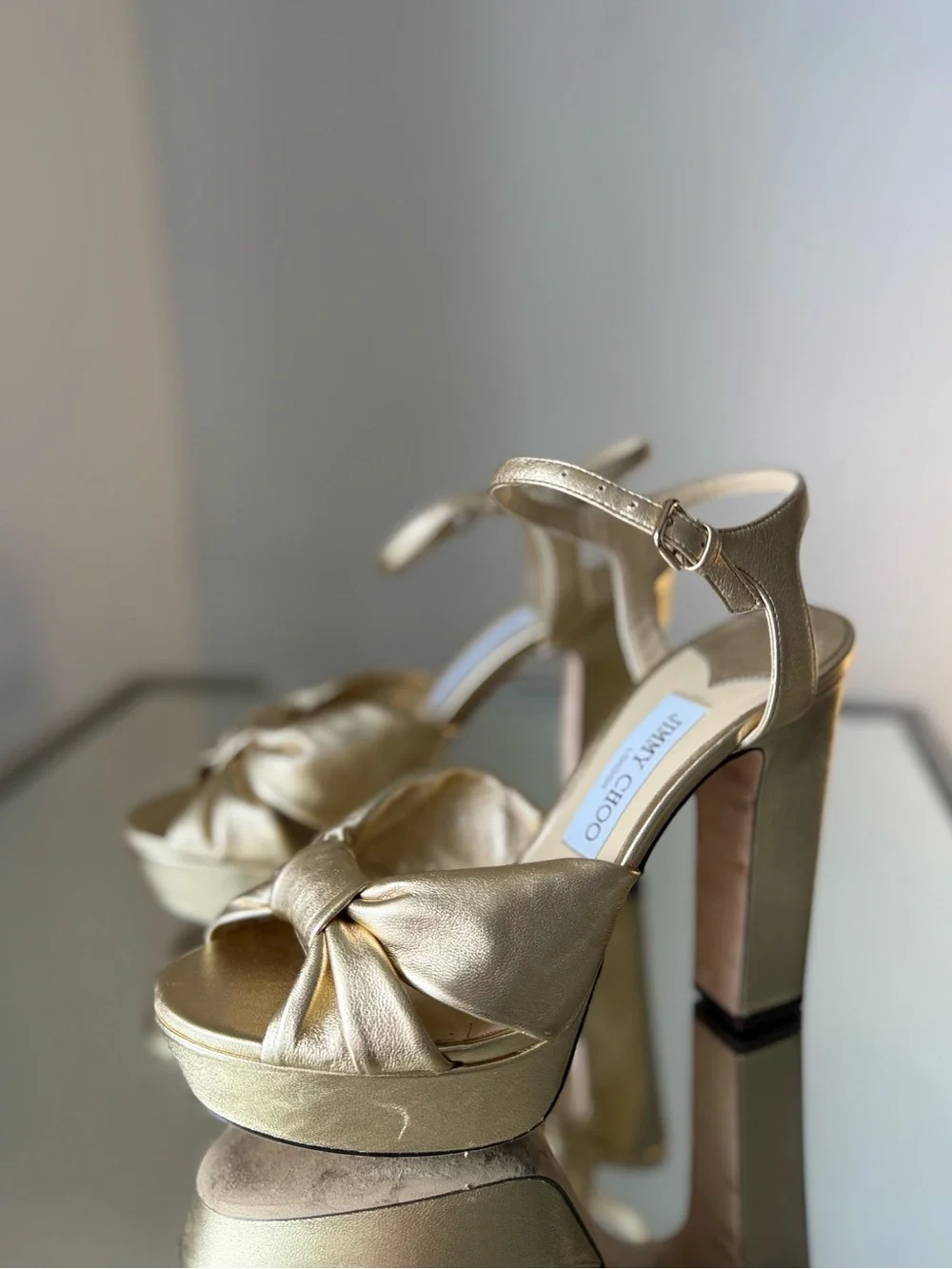 Jimmy Choo Heloise 120 Gold Metallic Nappa Leather Platform Sandals 38.5